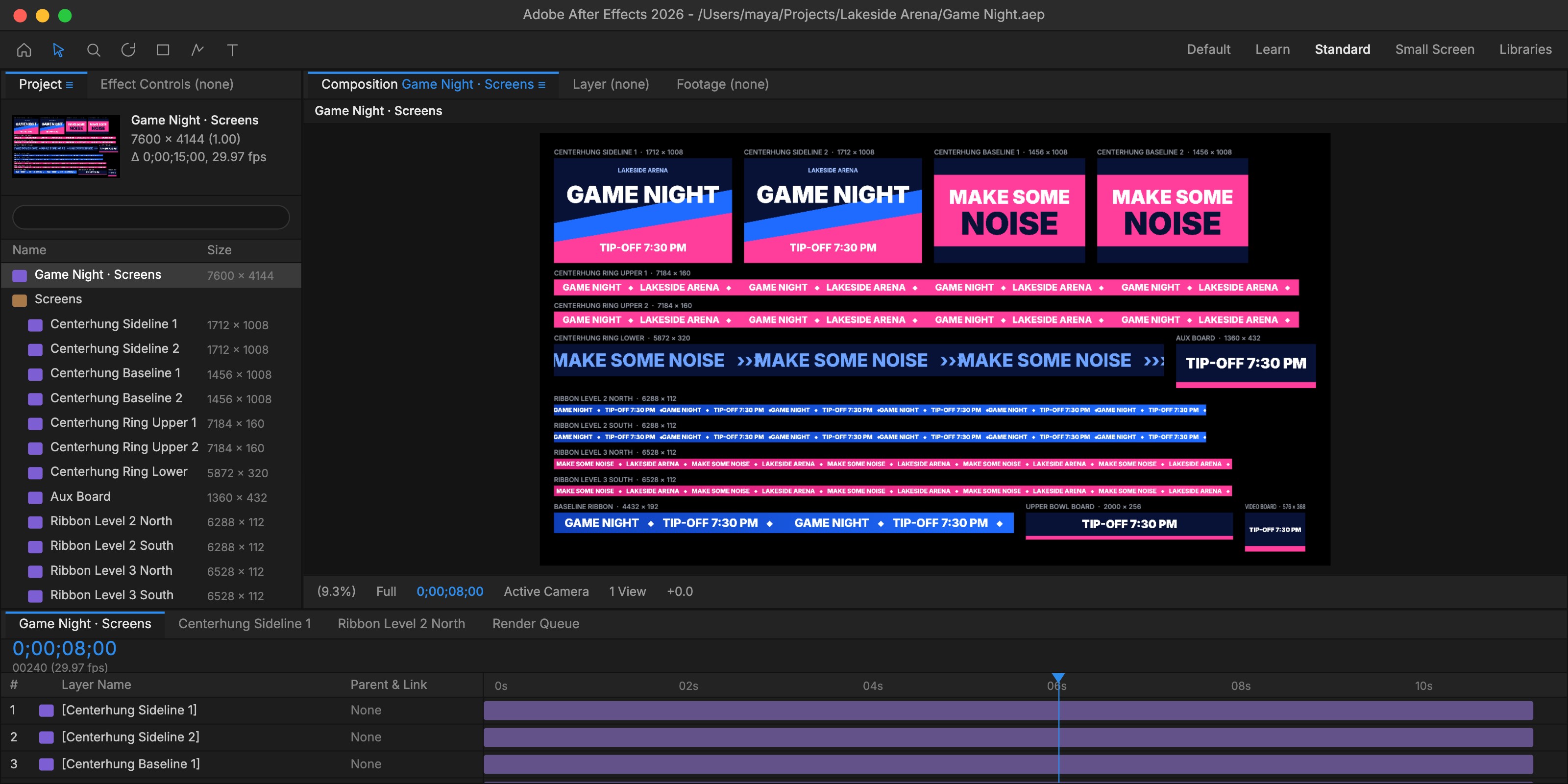 After Effects with one flat composition that holds every screen of the arena as a separate strip