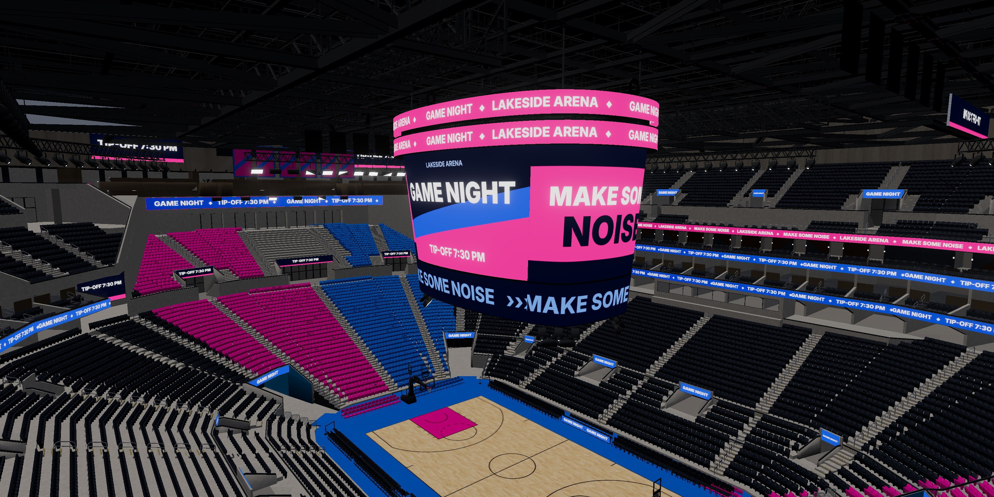 The same content on the centerhung and the ribbon screens inside a 3D arena