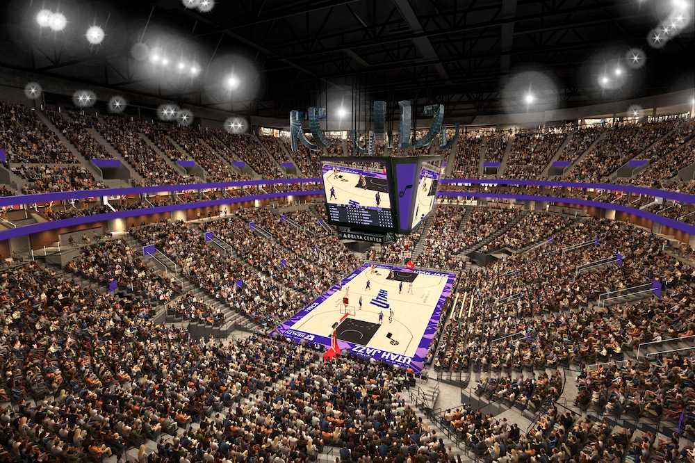 Delta Center arena bowl during a basketball game, with the centerhung video board and LED ribbons